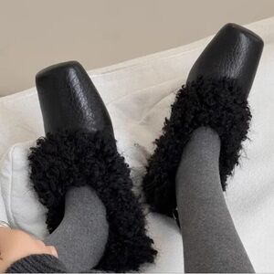 Black Faux Shearling Square-Toe Mule - Women's Slip-On Loafers